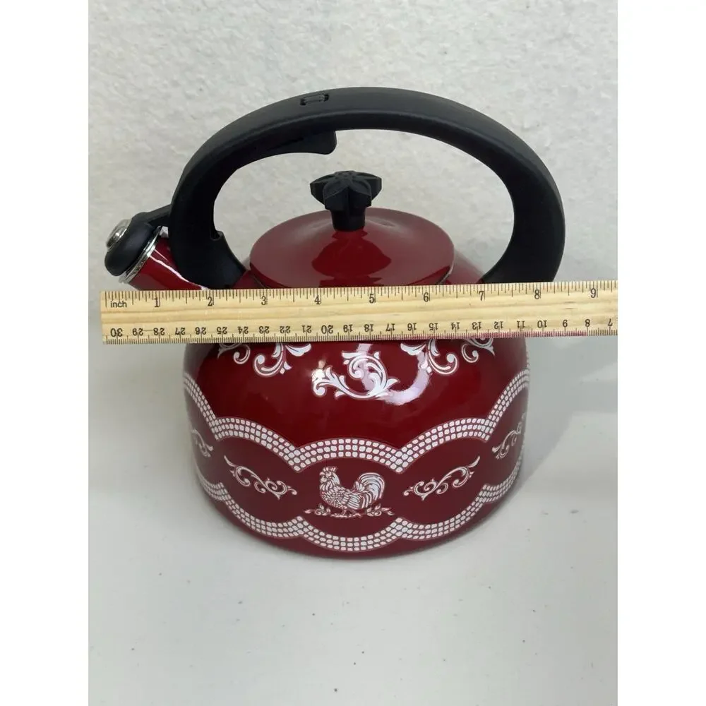 Temptations Tara Doodle Doo Red Enamel Steel Tea Kettle 2.3qt Country Farmhouse